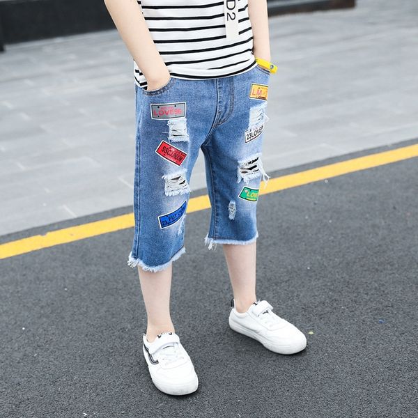 

2020 new korean style boys' fashionable foreign style letter and jeans printing label pants medium and large children's jeans, Blue