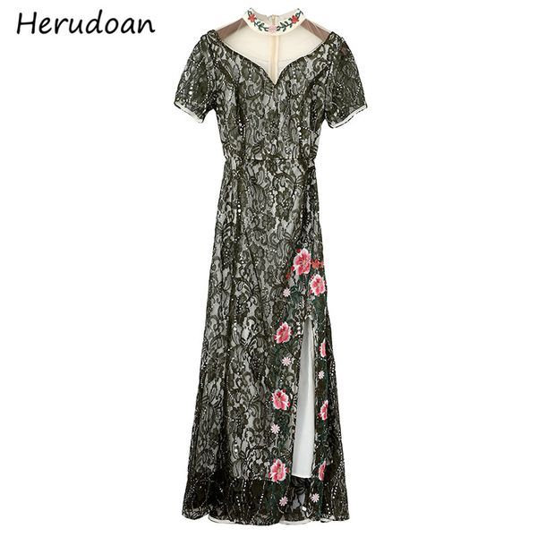 

herudoan 2020 fashion designer summer high split long dress women short sleeve lace mesh embroidery ladies elegant party dress, Black;gray