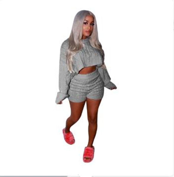 

knitted suits for women tracksuit long sleeve crop sweater bodycon shorts two pieces set dresy damskie club outfits, Gray