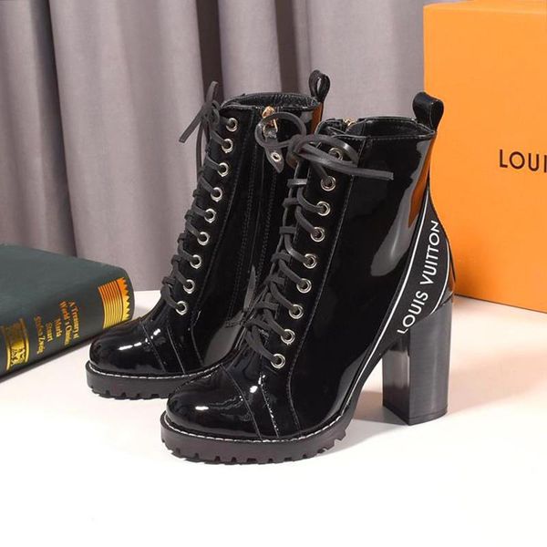 

women ankle boots fashion leather chunky high heel luxury style star trail ankle boot chaussures de femme womens shoes fashion type comfort, Black