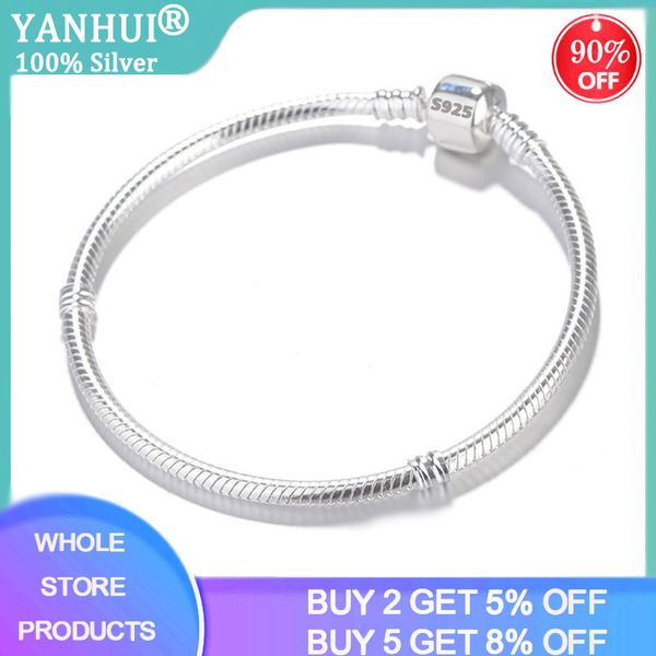 

yanhui с сертификатом женщина 100% оригинал 925 solid silver snake chain banglebracelet шармов шариков diy подарки ювелирных изделия hs925, Golden;silver