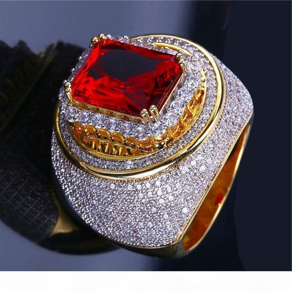 

r hip hop gold plated rings for man brand design cubic zirconia red gem hiphop ring mens fashion jewelry, Golden;silver