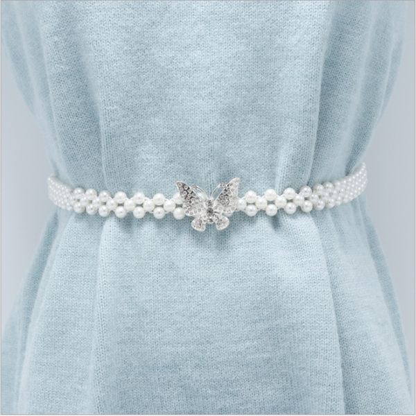 

elegant women pearl belt waist belt elastic buckle pearl chain female girls dress crystal strap, Black;brown