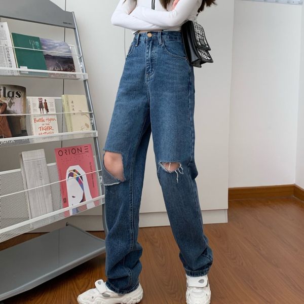 

ladies jeans ripped jeans women spring and summer mother high waist large size beggar pants loose straight daddy pants, Blue
