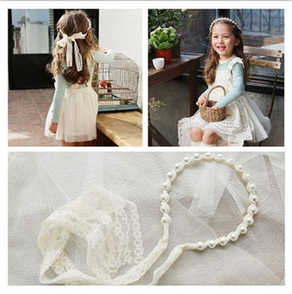 

new korean korean style children's hair lace ribbon accessories girls' fashion lace ribbon bowknot pearl hair band, Slivery;white