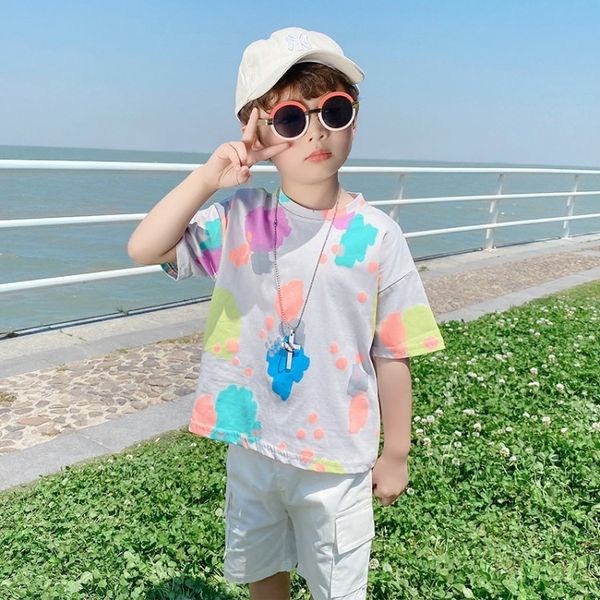 

мальчики top coat футболки топ»окрашенная футболку 2020 новый короткий рукав топ корейский случайные большие дети свободно моды, Blue