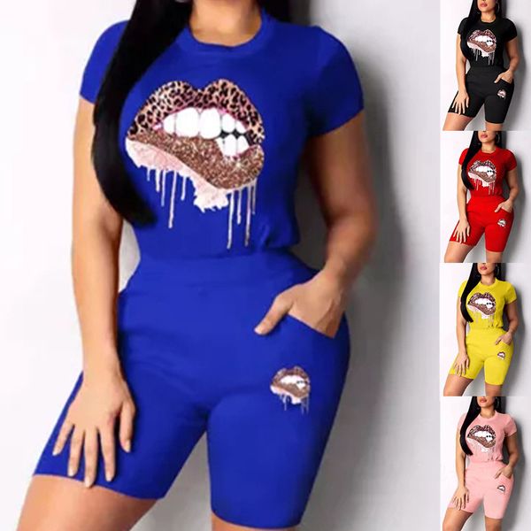 

women's 2 piece casual outfit round neck short sleeves exaggerated lips print t-shirt elastic waist shorts, Gray