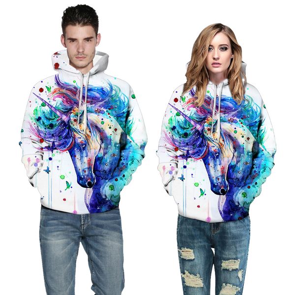 

sportswear2019 new cross-border fashion european and american digital printing mens loose hooded watercolor unicorn sweater, Black