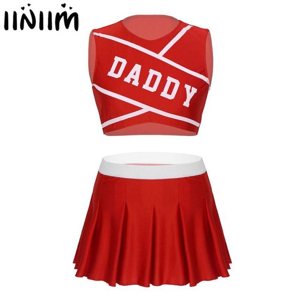 

two piece dress iiniim women's sets charming cheerleader cosplay stage costume dancewear competition crop with mini pleated skirt, White
