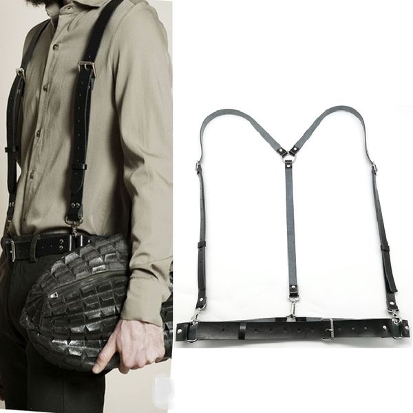

male man fashion punk goth handmade leather suspender belts gentleman harness bondage belt waist belt chest hook clips, Black;white