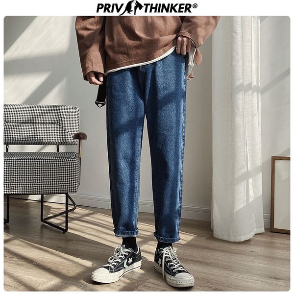 

privathink solid color men's blue harem jeans 2020 korean man slim black ankle length pants men casual denim pants 5xl