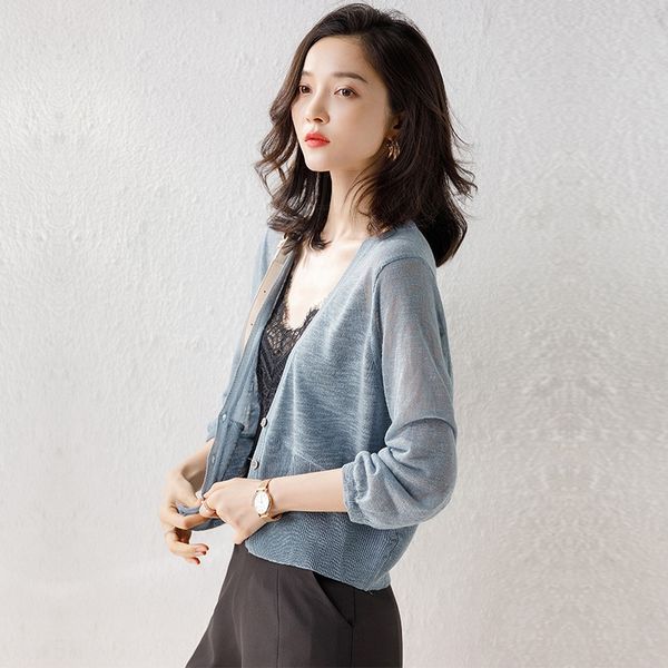 

summer small knitted cardigan women's coat skirt shawl thin outer wear short ice silk sunscreen coat fashionable top, White