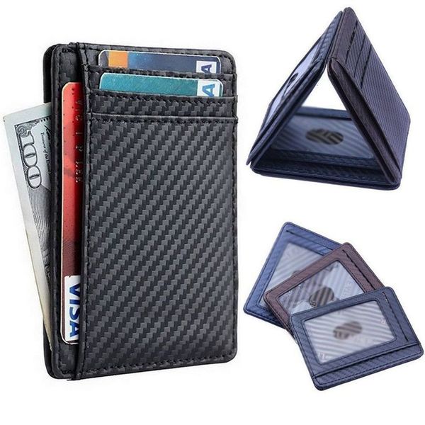 

new slim carbon fiber leather men's wallet card holder black blue brown designer money phone coin bag, Red;black