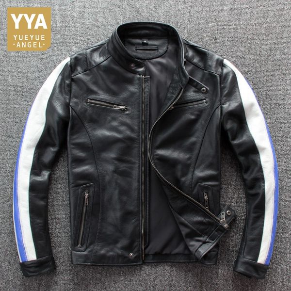 

new fashion men stand collar cowhide real leather jacket biker slim fit side striped coat colors mixed genuine leather jacket, Black