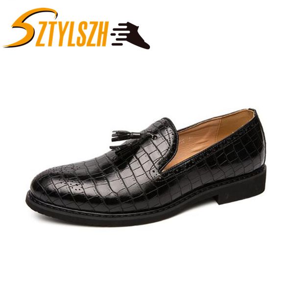 

british style fashion men business dress shoes man pointed toe brogue bullock office tassel footwear wedding party shoes, Black