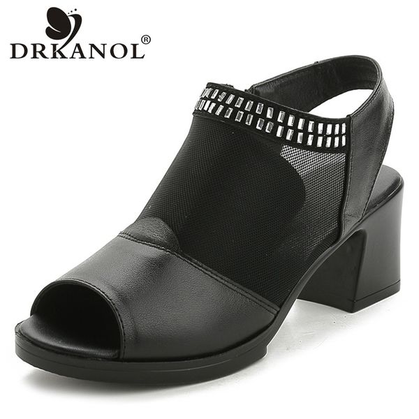 

drkanol 2020 genuine leather women sandals summer shoes black air mesh open toe rhinestone thick heels sandals women high heels