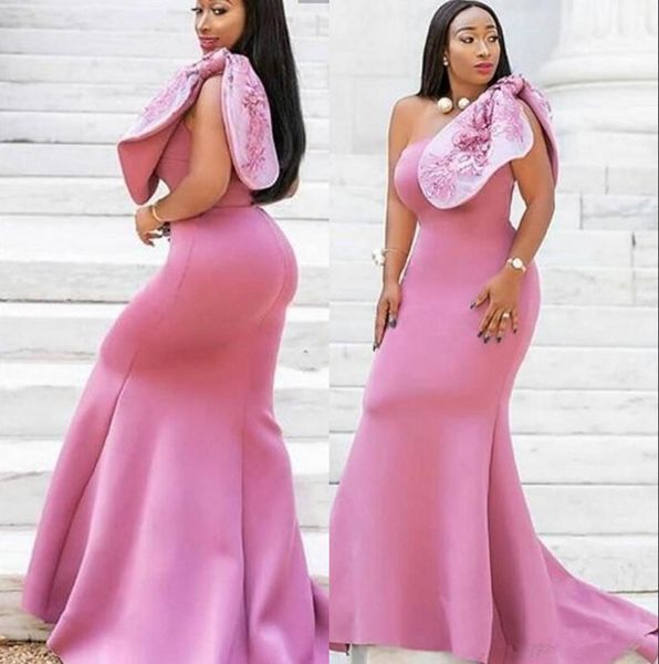 

2020 new pink satin one shouler mermaid arabic evening dresses prom gown african black girl women dresses robes de soirée