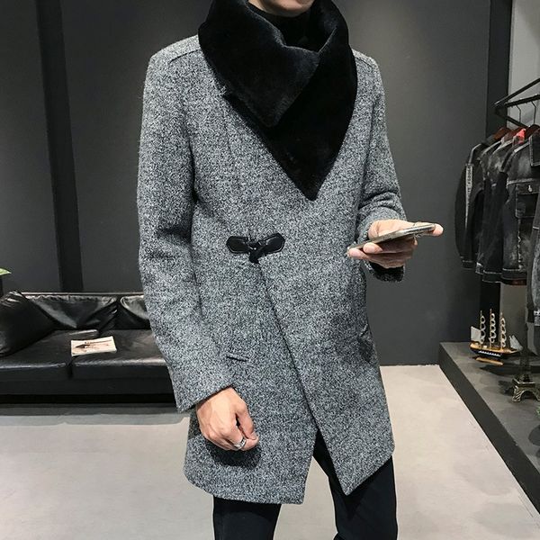 

winter korean style slim men's wool woolen large fur collar mid-length windbreaker wool coat woolwoolen trench coat plus size youth, Black