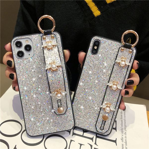 

shiny glitter bee sequins phone case for iphone 11 pro max x/xs max iphone 6 7 8plus with bracket wrist band
