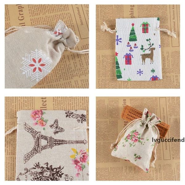 

50pcs 13*18cm candy bag printed cotton linen bundle pocket cartoon drawstring bag burlap jewelry nut cookie party favors