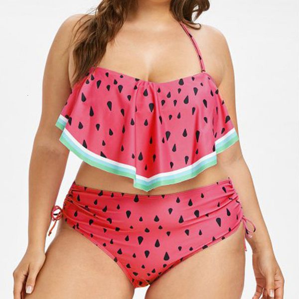 

trendy watermelon bikini plus size 4xl swimwear women ruffles large size swimsuit women bikini lady bathing suit beach wear e, White;black