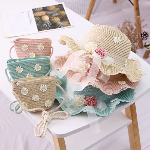 

girls beach sun parent-child straw straw hat big brim baby sun hat bag set daisy, Blue;gray