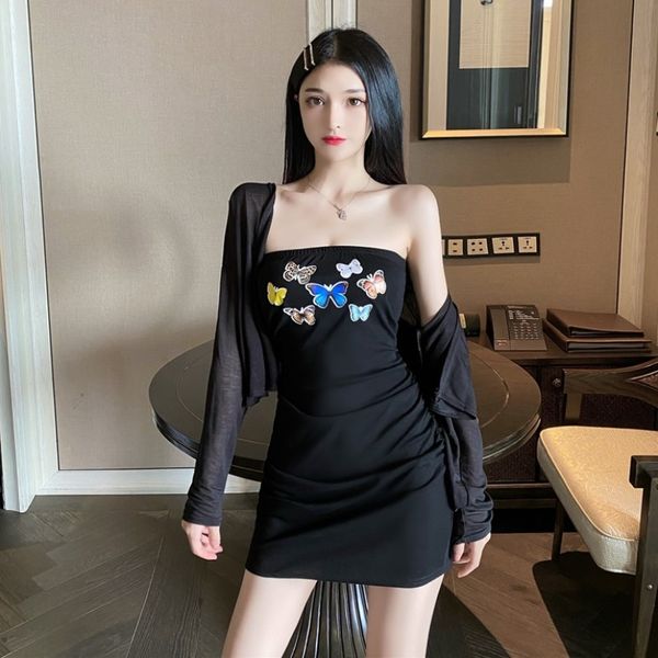 

hepburn style two-piece suit female royal sister fan butterfly printing slim-fit bag hip tube long sleeve sunscreen cardigan coat, White