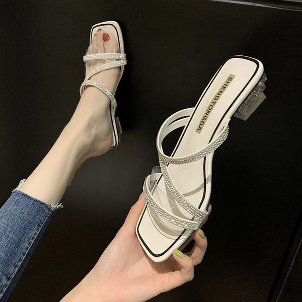 

h7hum women's summer outer wear mid heel slippers thick heel online popular rhinestone roman slippers 2020 summer new korean style wome