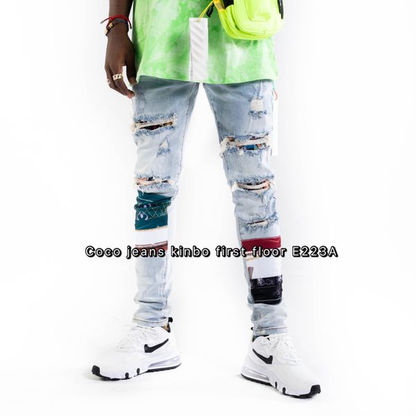 

wholesale fashionable men's jeans men's skinny ripped white striped jeans men's stretch slim drawstring locomotive jeans blac, Blue