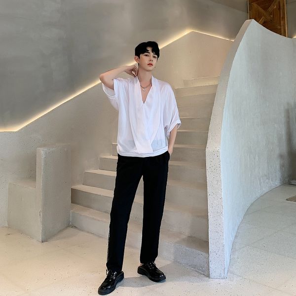 

slip-on shirts ins neutral summer designer men's alternative shirts loose-fitting deep v-neck trend brand lovers placket, White;black