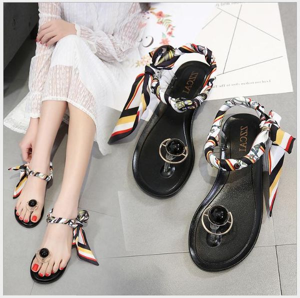 

fashion quality jelly ribbon bow ms. toe sandals flat heel sandals sandals, Black