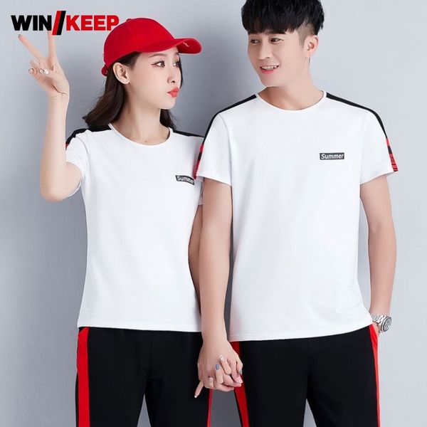 

summer mens outdoor sport suit side striped gym uniform sportswear female short sleeve two piece sets fitness training tracksuit, Black;blue