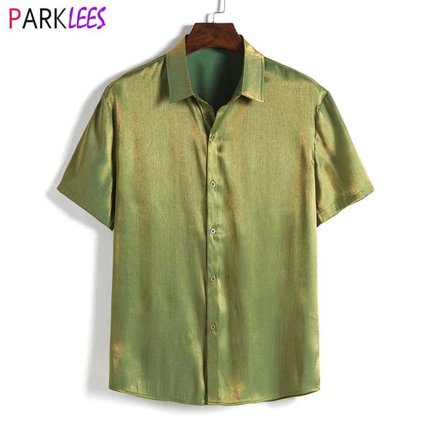 

shiny green satin shirt men 2020 new short sleeve silk like party disco shirts mens stage party event prom nightclub clothing 2x, White;black