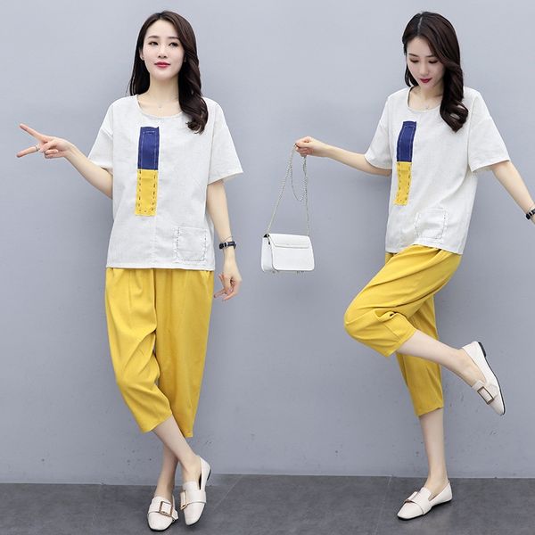 

ddumk 2020 summer new and internet celebrity cotton clothing cotton and linen suit loose stitching short-sleeved korean women's legging, Gray