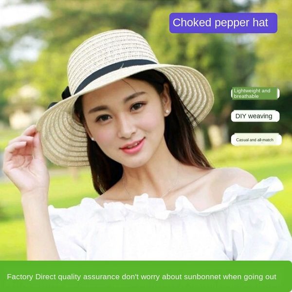

butterfly straw choking little pepper ladies summer bowknot straw hat sunscreen beach sun hat, Blue;gray