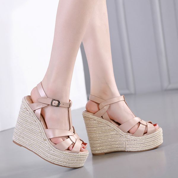 

designer sandals ladies wedge sandals knitted straw woven platform shoes luxury women slides size 35 to 40 cs08, Black