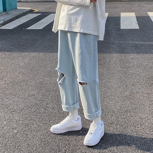 

inhoi perth light color old summer korean style handsome hole ankle-length pants men's loose straight and jeans trousers and jeans dad, Blue