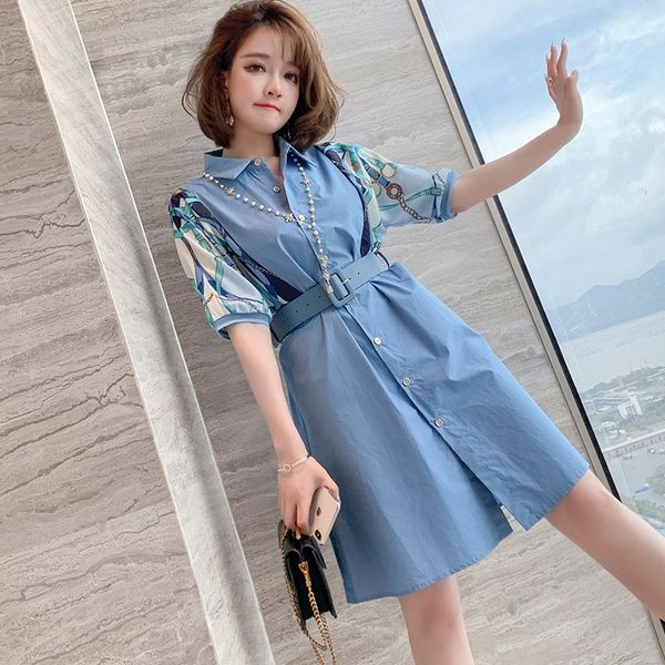 

miucoi temperament polo collar contrast color printing short sleeve single-breasted dress waist slimming dress women's 2020 xia xin, Black;gray