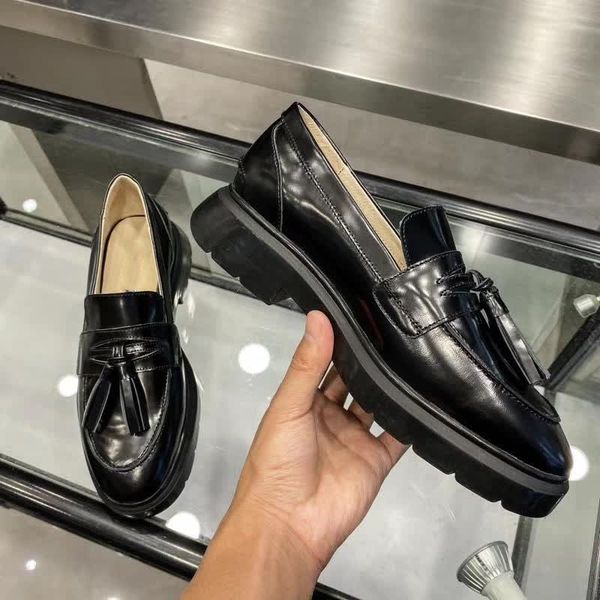 

women shoes genuine leather pearl tassel decor thick sole female shoe spring autumn solid color, Black