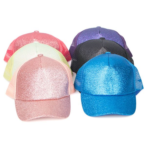 

kids sequins ponytail baseball cap summer sunscreen glitter snapback caps mesh outdoor summer ponytail hats ooa8190, Blue;gray