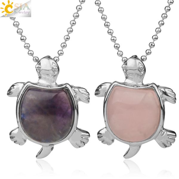 

csja natural stone tiny turtle pendant necklace reiki lucky animal sea turtles tiger eye quartz charm jewelry for women men g175, Silver