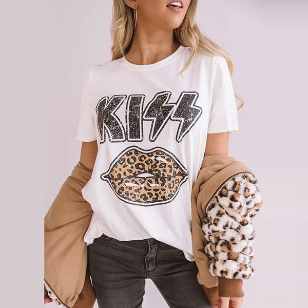 

письмо леопард 2020 новых женских губ короткого рукав 2020 новых женщин письма печати леопардового принта губ короткий рукав футболка футбол, White