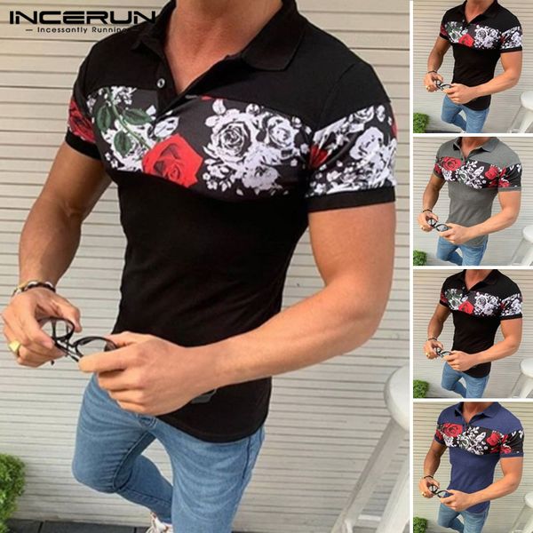 

2020 summer men short sleeve flower printed shirts fashion turn-down collar patchwork slim shirt casual streetwear incerun, White;black