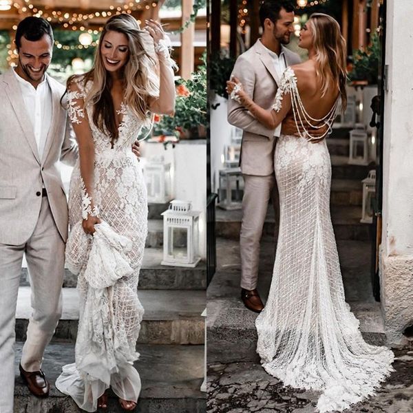 

stunning lace mermaid beaded wedding dresses deep v neck long sleeves backless bridal gowns sweep train plus size robe de mariÃ©e, White