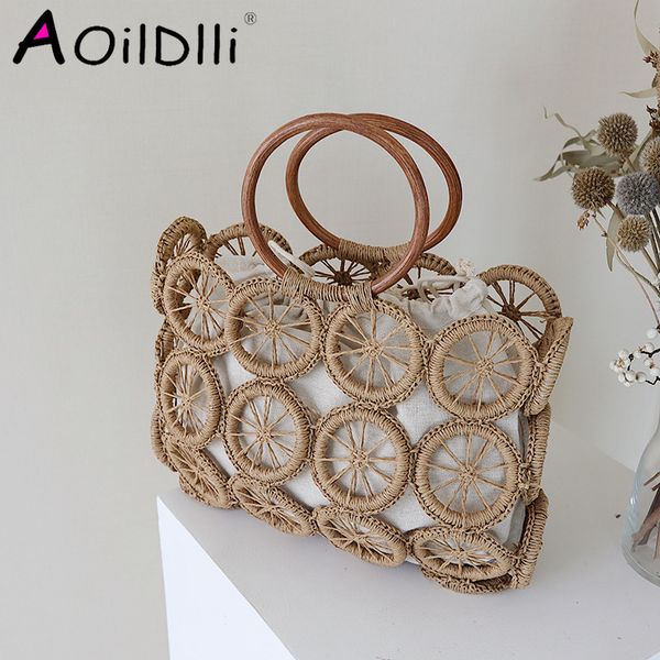 

vintage hollow straw bags for women designer wooden handle rope woven handbags rattan summer beach large totes lady bali purses
