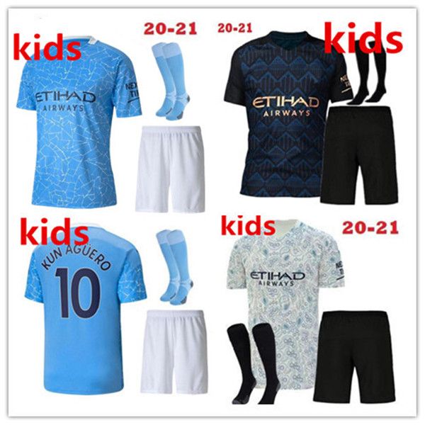 

2020 2021 city kun aguero kids kit sterling mahrez soccer jersey boy jesus de bruyne sane 2020/21 de bruyne boys football shirts, Black
