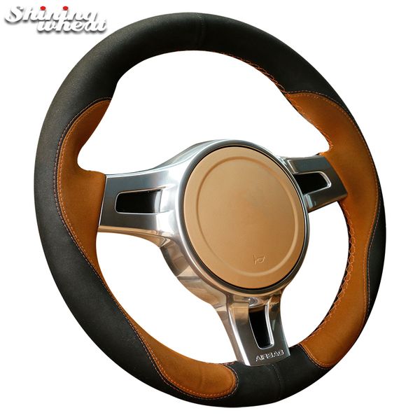 

shining wheat black brown suede car steering wheel cover for porsche cayenne panamera 2012 2013 2014
