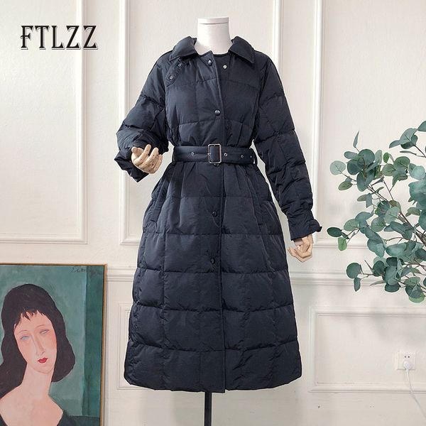 

women's down & parkas women vintage white duck jacket winter single breasted long puffer female slim with belt korean coats outwear, Black