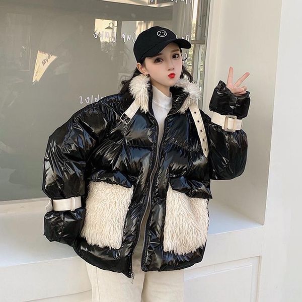 

klhof new 2020 internet celebrity same ins new korean style student bag clip cotton-padded double team loose stand collar short bread ja, Black