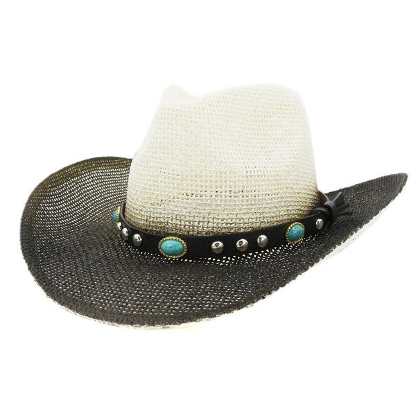 

qiuboss summer black paint spraying men women paper cowboy hats panama straw hat wide brim sun protection hat holiday beach cap, Blue;gray
